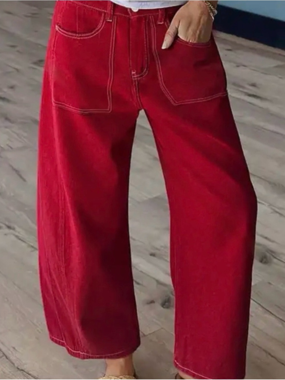 Flamingals Barrel Jean in Red with white stitching and long pockets